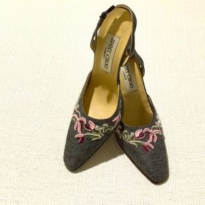 Jimmy Choo New Grey Textile Embroidered Slingback